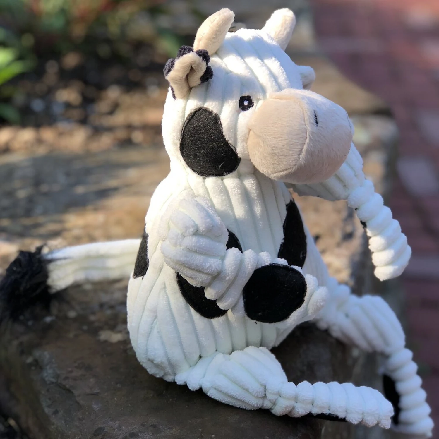 HuggleHounds Barnyard Durable Plush Corduroy Knottie Cow Squeaky Dog Toy - Image 3