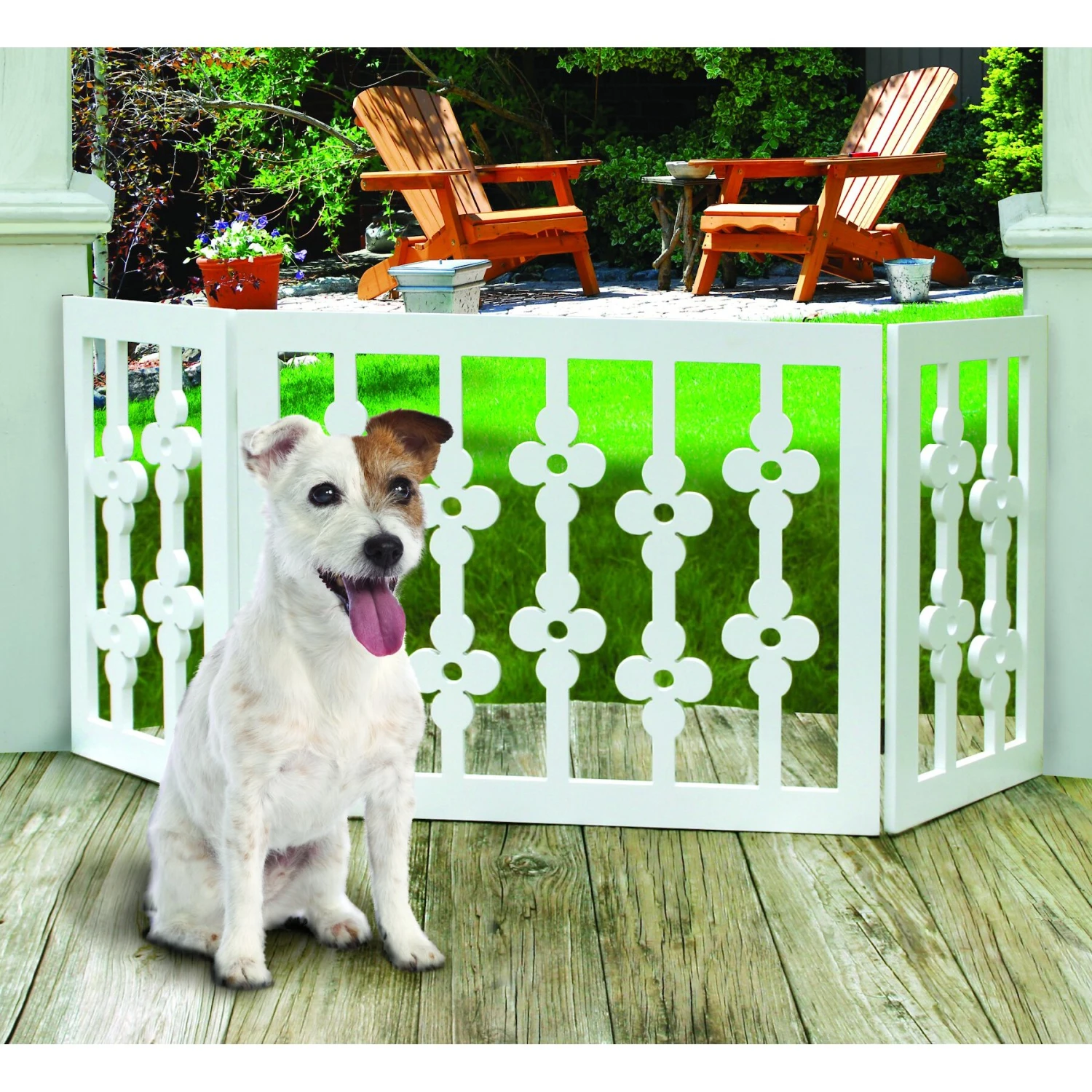 Etna Flower Cut Out Design Adjustable Wooden Pet Gate, White - Image 3