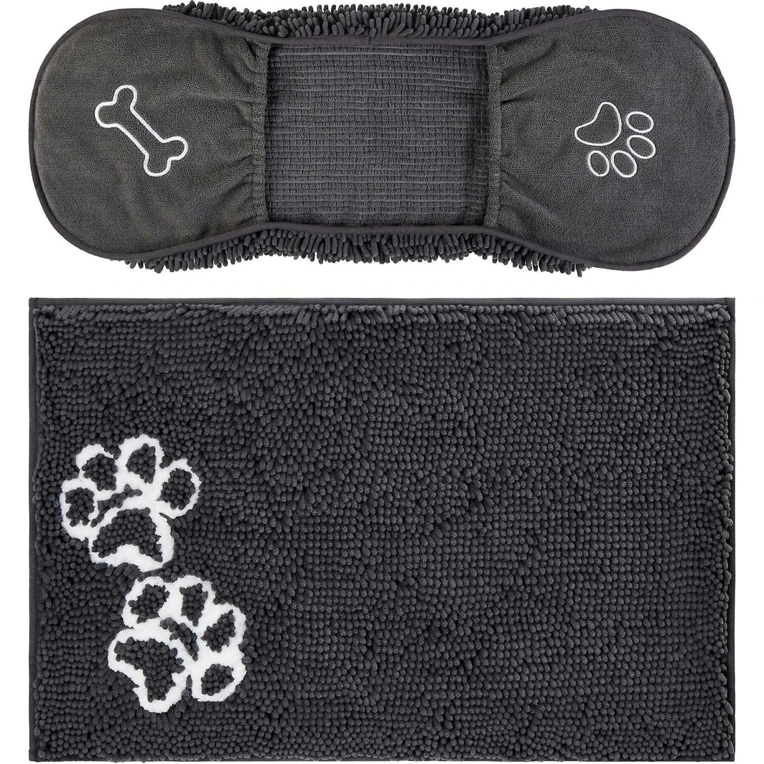 Frisco Microfiber Chenille Shammy Towel & Frisco Microfiber Chenille Paw Print Dog & Cat Mat, Dark Gray