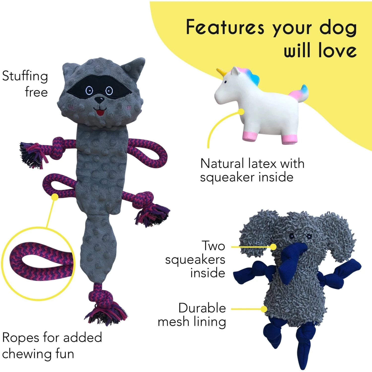 Rocket & Rex Oh My! Unicorn Stuffing-Free Squeaky Plush Dog Chew Toy Set, 3 Count - Image 2