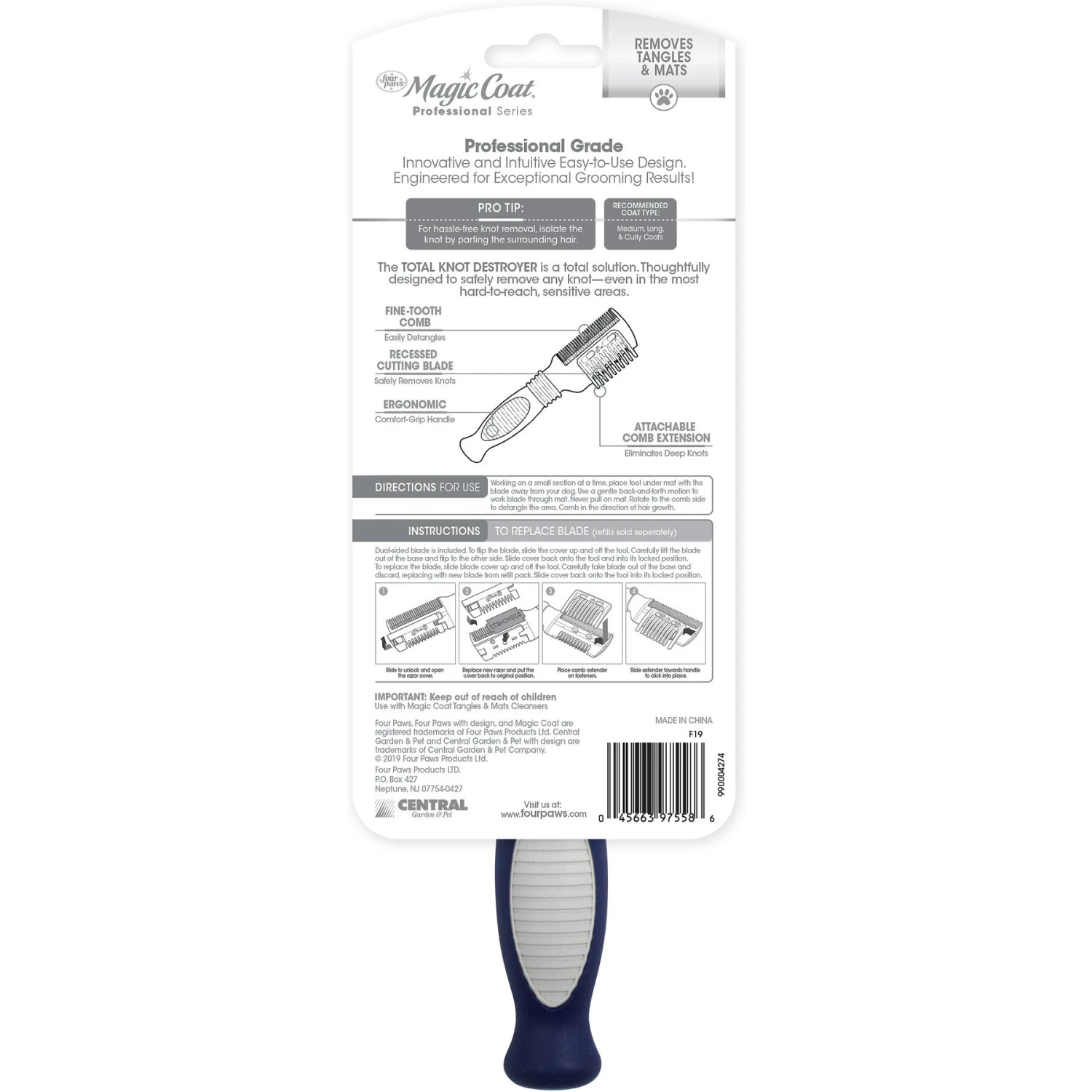 Four Paws Magic Coat Professional Series 3-in-1 Knot Remover Rake & Comb For Dogs & Cats, Blue - Image 2