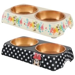 Disney Minnie Mouse Summer Bamboo Melamine Stainless Steel Double Dog & Cat Bowl & Disney Minnie Mouse Peek-A-Boo Melamine Stainless Steel Double Dog & Cat Bowl
