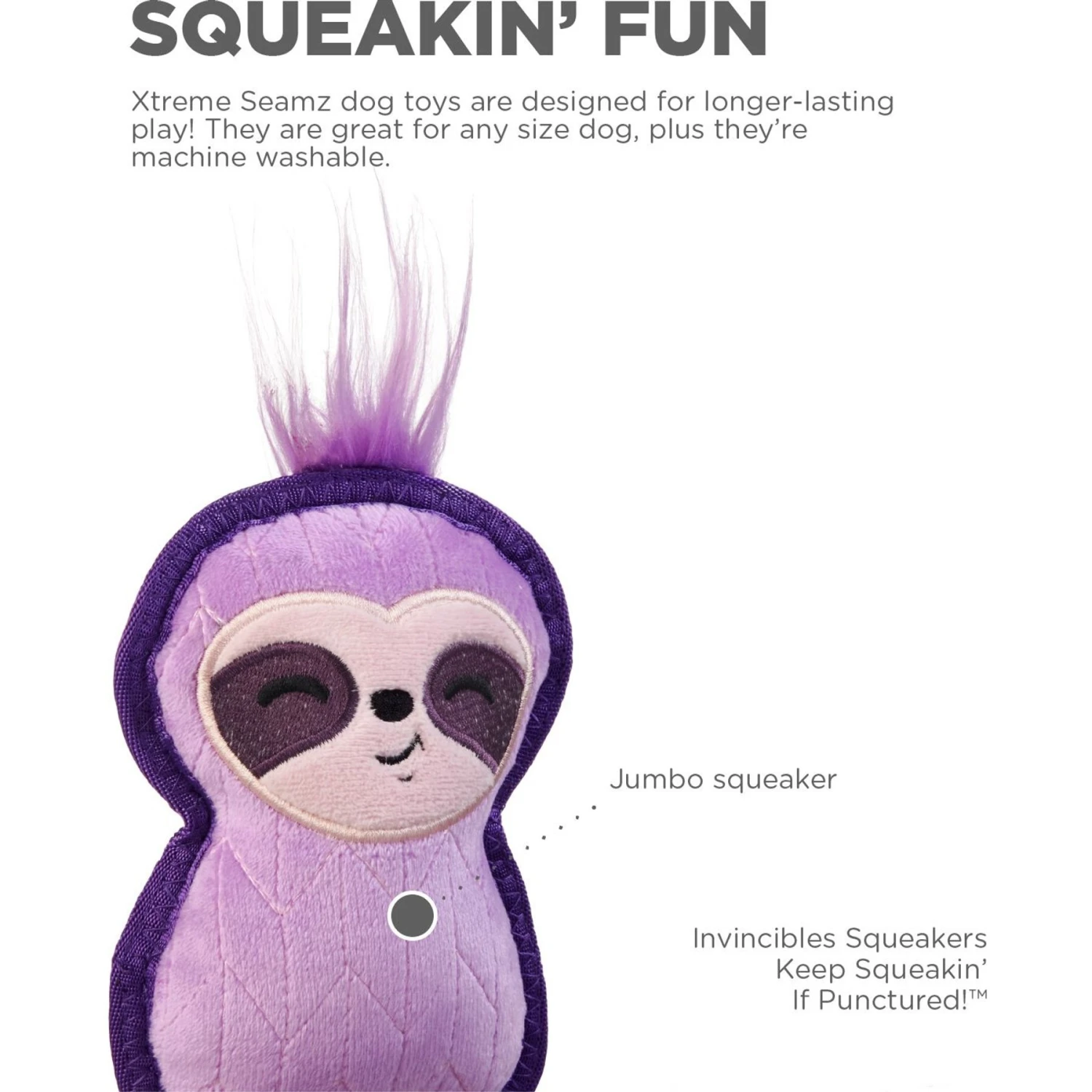 Outward Hound Xtreme Seamz Sloth Durable Squeaky Dog Toy, Purple, Small - Image 2