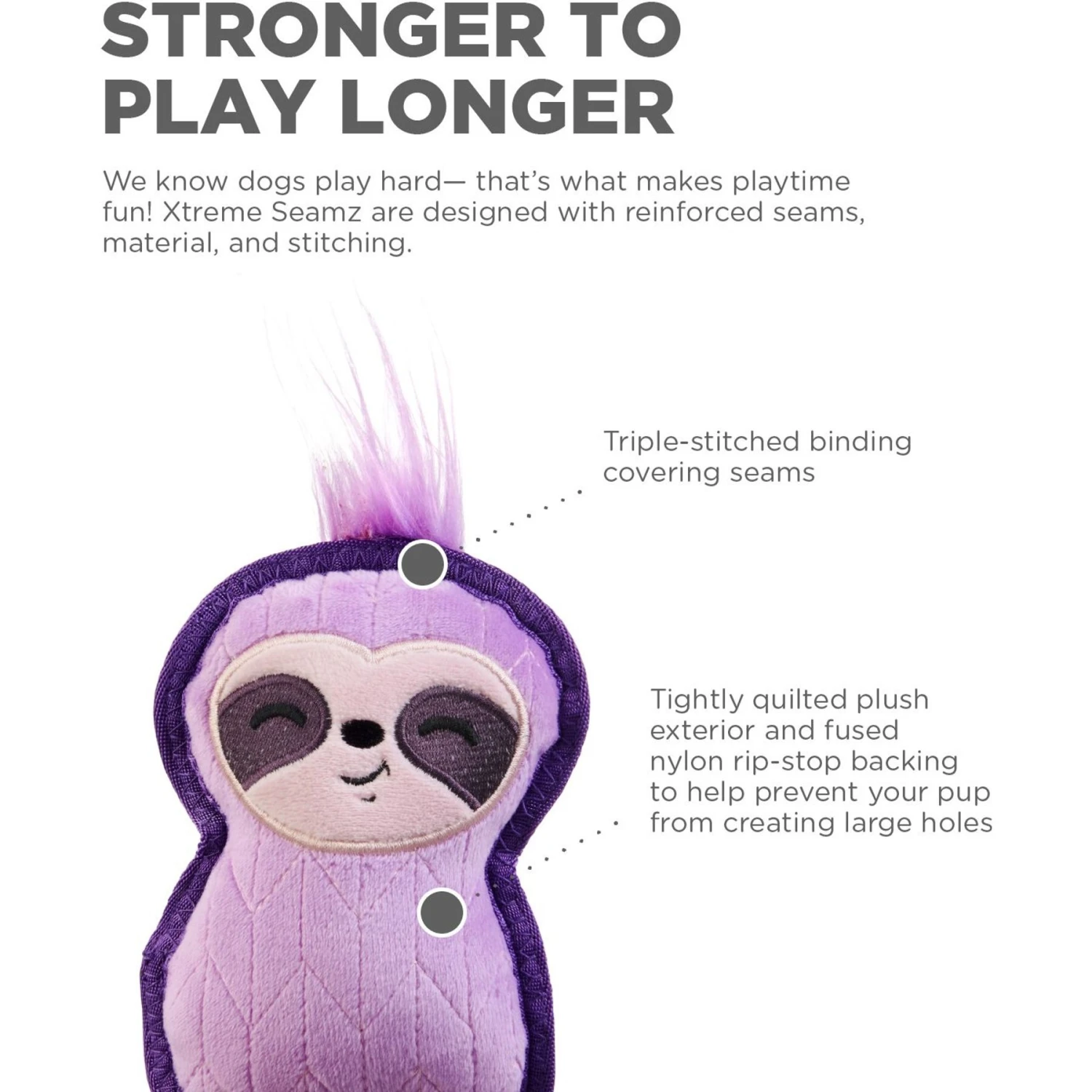 Outward Hound Xtreme Seamz Sloth Durable Squeaky Dog Toy, Purple, Small - Image 3