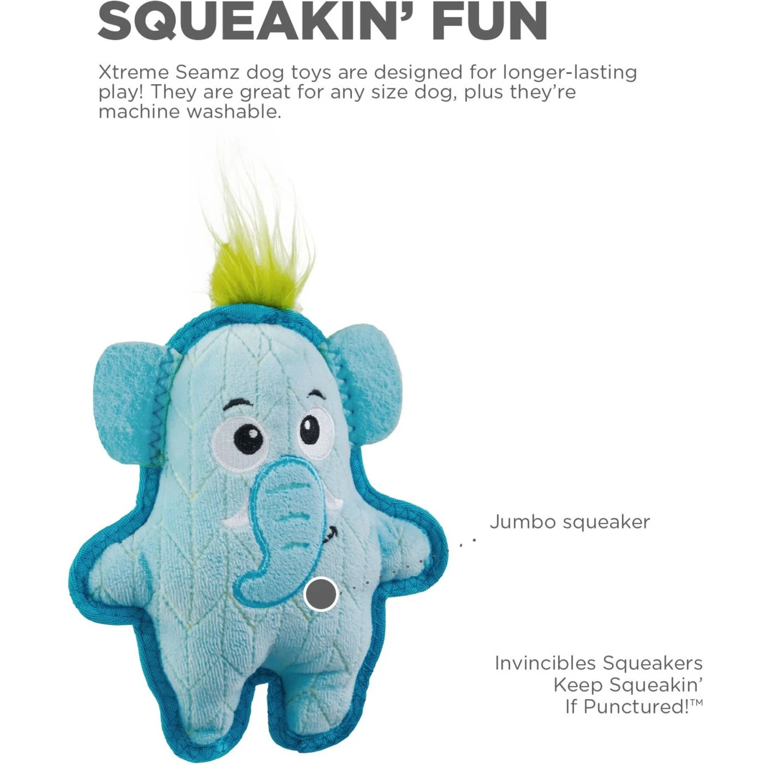 Outward Hound Xtreme Seamz Elephant Durable Squeaky Dog Toy, Blue, Medium - Image 2