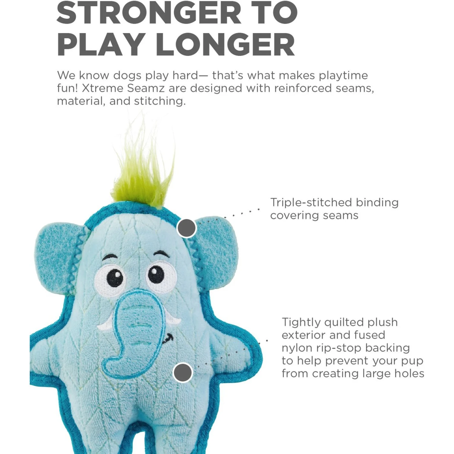 Outward Hound Xtreme Seamz Elephant Durable Squeaky Dog Toy, Blue, Medium - Image 3