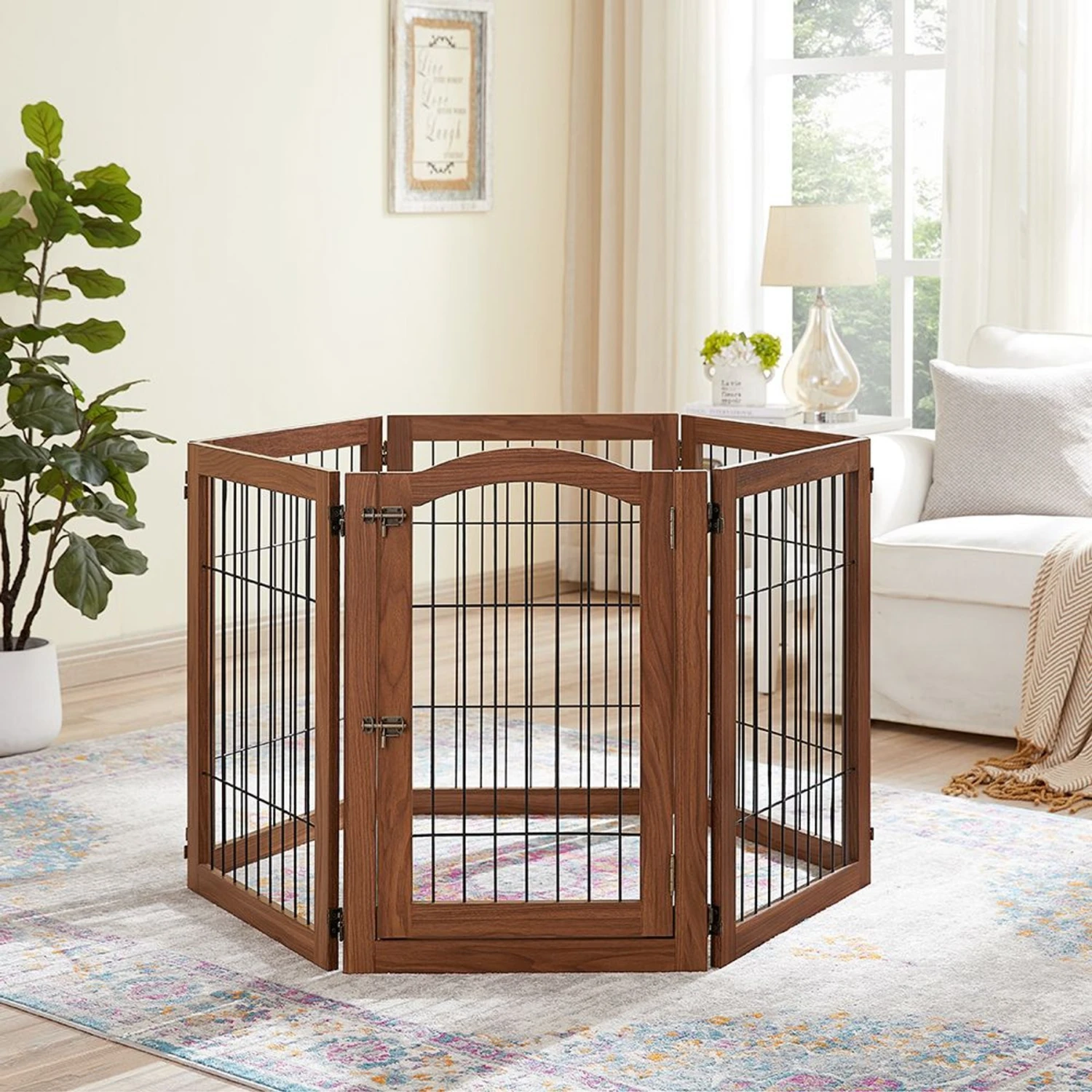 Unipaws 6 Panel Freestanding Wooden Wire Dog & Cat Gate, Walnut, Large - Image 2