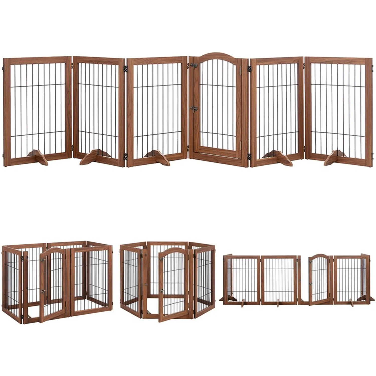 Unipaws 6 Panel Freestanding Wooden Wire Dog & Cat Gate, Walnut, Large - Image 3