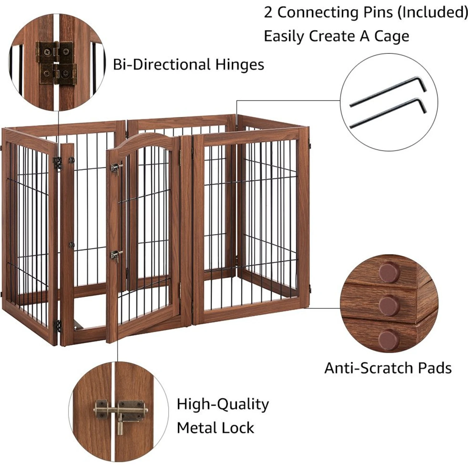Unipaws 6 Panel Freestanding Wooden Wire Dog & Cat Gate, Walnut, Large - Image 5