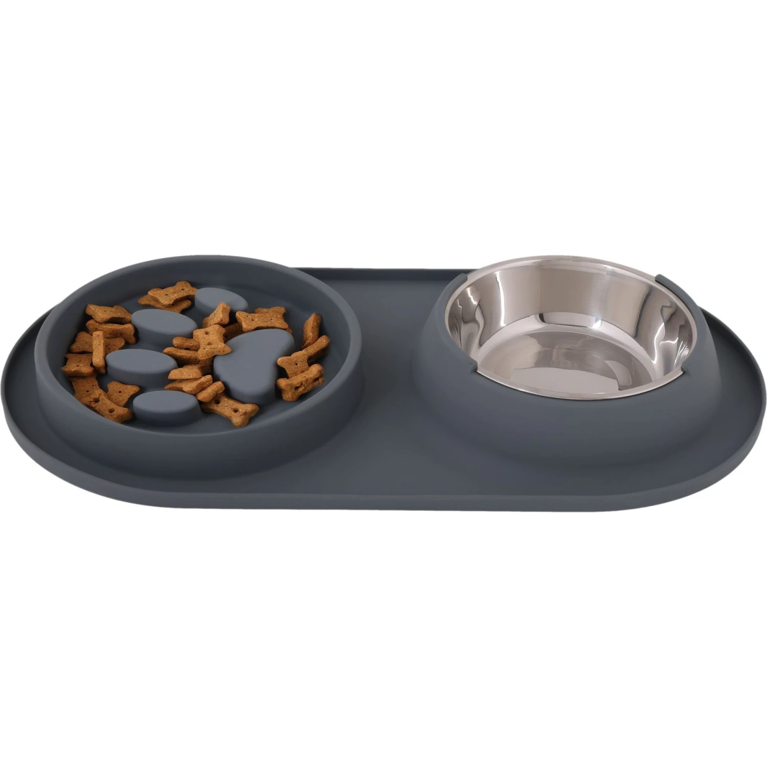 Pounce + Fetch Silicone Double Bowl Slow Feeder, 10-oz, Grey - Image 3