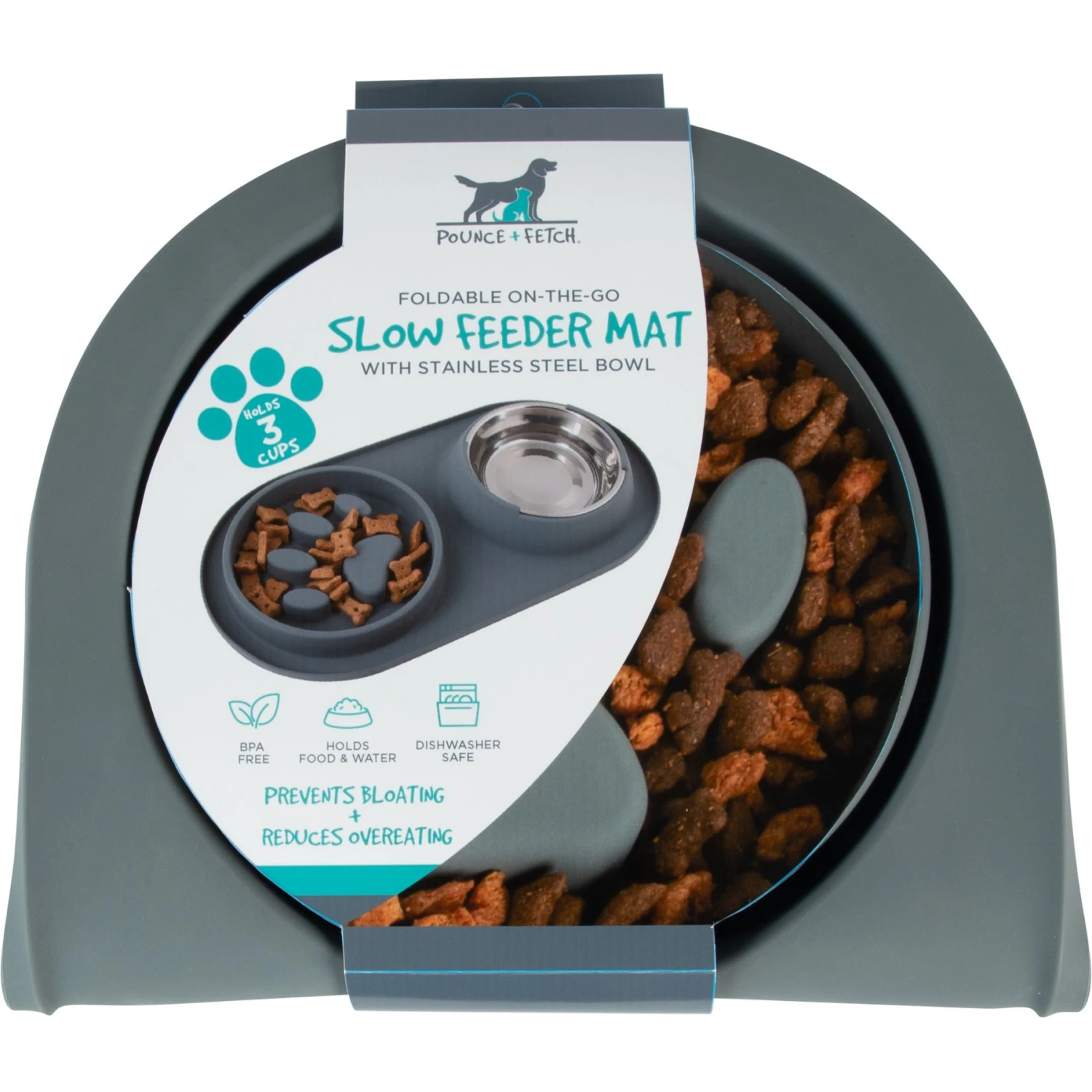 Pounce + Fetch Silicone Double Bowl Slow Feeder, 10-oz, Grey - Image 7