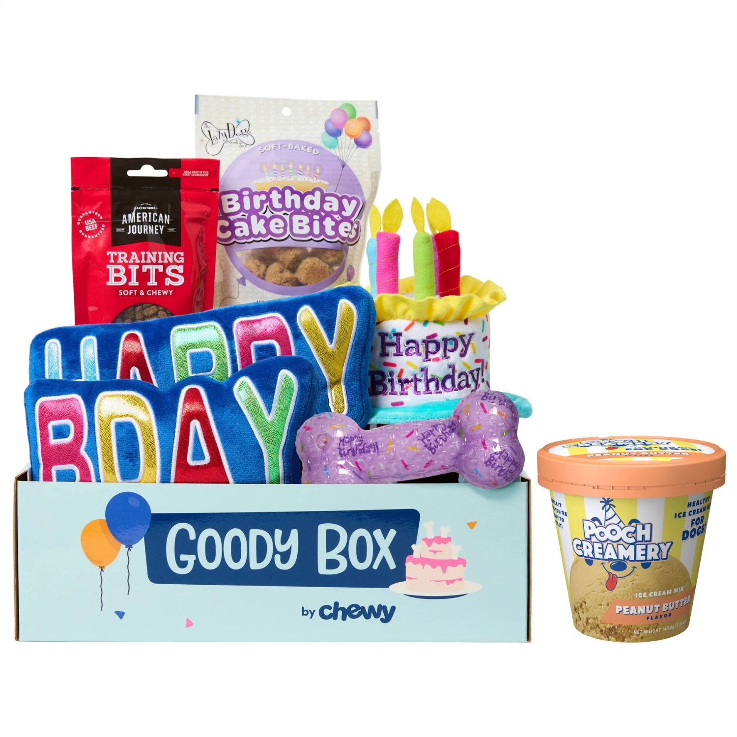 Goody Box Birthday Dog Toys & Treats & Pooch Creamery Peanut Butter Flavor Ice Cream Mix Dog Treat, 5.25-oz Cup